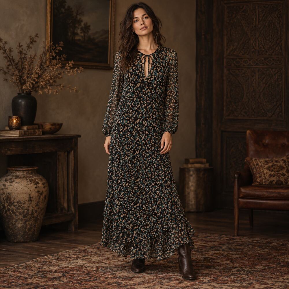 Tommy Hilfiger Maxi Dress 6 Dark Boho Y2K Whimsigoth Sheer Animal Print Tie Neck